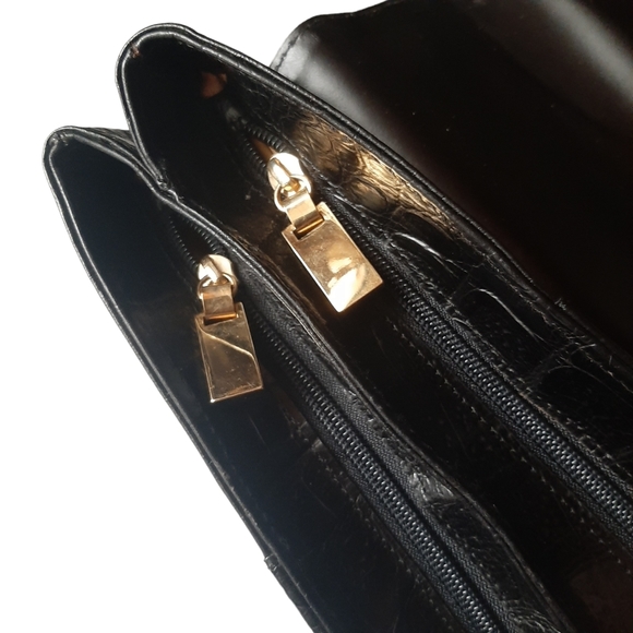 BOL-PERDIX Croc Embossed Leather Flap Front Large Satchel Black - Picture 10 of 12